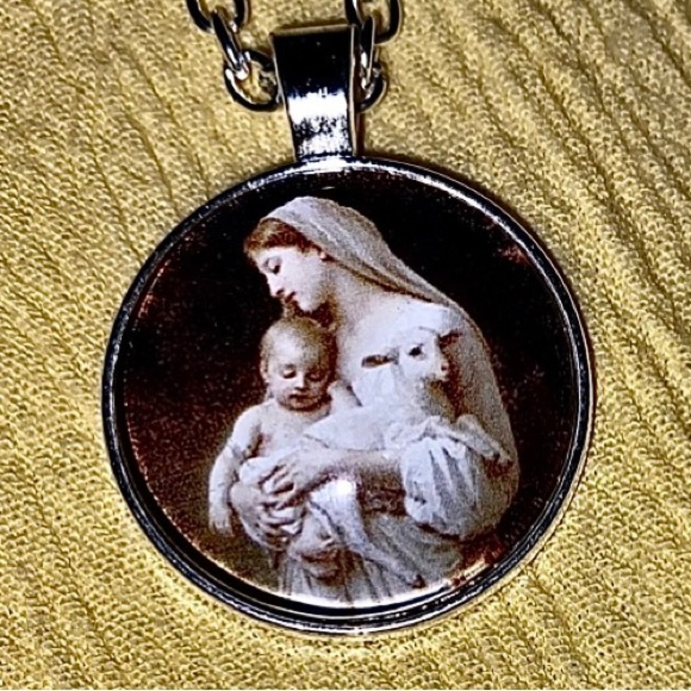 L’INNOCENSE | Blessed Mother and Baby Jesus with Lamb Silver Toned Necklace